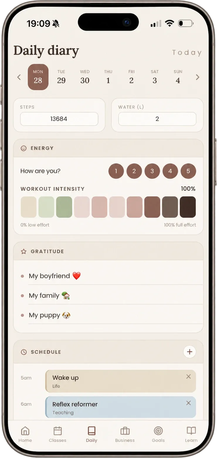 Daily diary in Balanced with steps, water, energy and gratitude