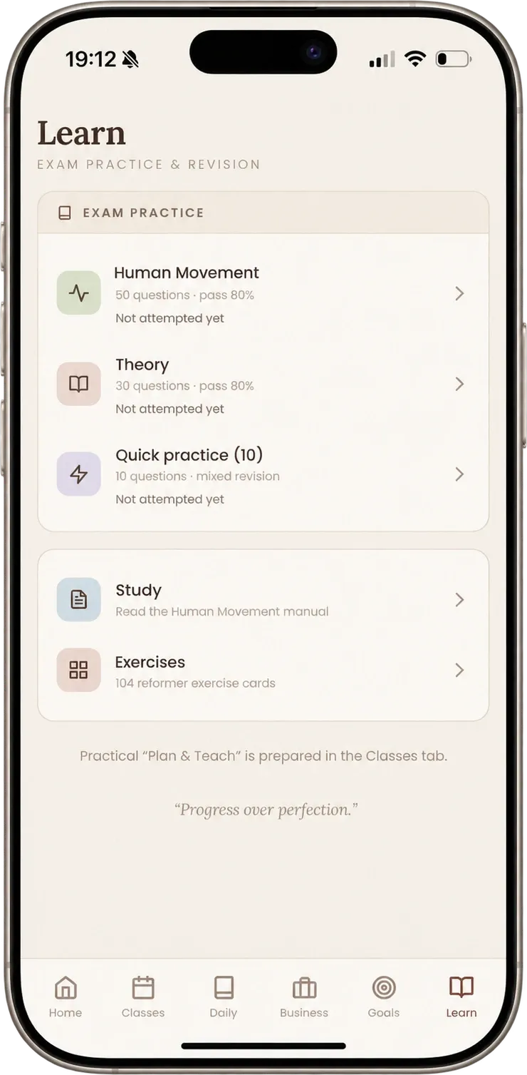 Learn screen in Balanced with Human Movement and Theory exam practice